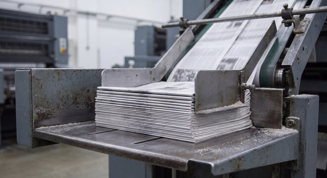 Printed daily newspapers neatly stacked on an automated conveyor platform at an industrial publishing and printing facility