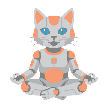 Robot cat meditates in lotus position with blue eyes and orange accents