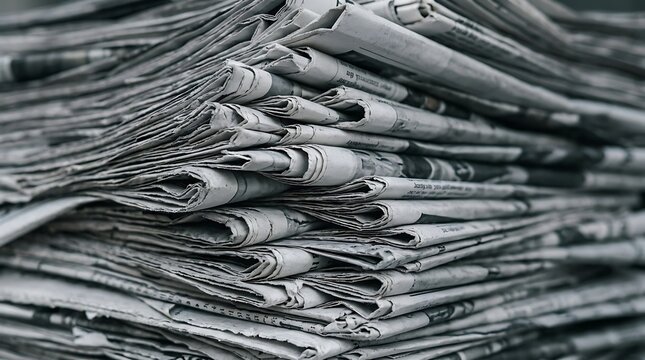 Stacked old newspapers close up, vintage newsprint pages, information and history concept