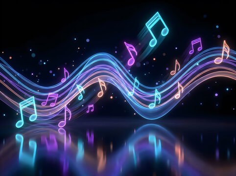 Abstract musical background with glowing neon music notes and flowing light waves, vibrant concept for audio and entertainment design
