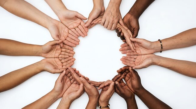 Diverse hands forming a circle of unity and connection, symbolizing teamwork and togetherness