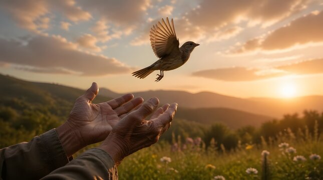 Bird Flying from Hands at Sunset representing Freedom, Hope, and Nature Conservation for Editorial Concepts