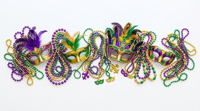 A vibrant and colorful mardi gras celebration beads masks and festive decorations for pancake day