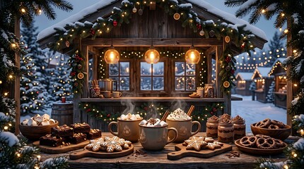 Fototapeta premium Hot chocolate and gingerbread at snowy christmas market stall