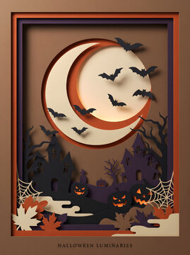 Paper cut Halloween card layout with October 31 banner text photo, papercraft haunted mansion in spooky forest with full moon jack o lanterns and spider webs, and autumn holiday craft graphic. 