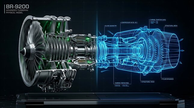 Advanced turbofan engine cutaway, physical model with blueprint wireframe overlay