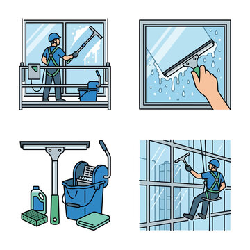 Window cleaning service professionals at work high rise buildings.