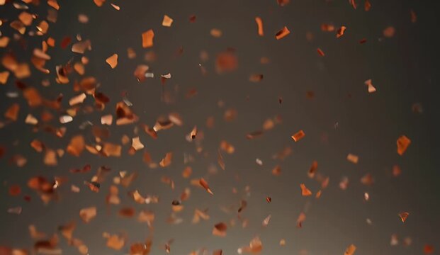 Copper particles falling against a dark background
