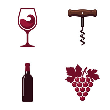 Wine glass bottle corkscrew and grapes illustration.
