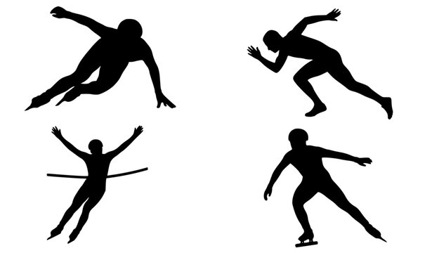 Short Track Speed Skating Athlete Black Silhouette Vector Set