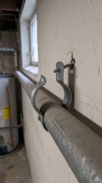 Metal pipe secured with a galvanized pipe clamp attached to a concrete wall in a basement, with a water heater visible in the background and natural light coming through the window
