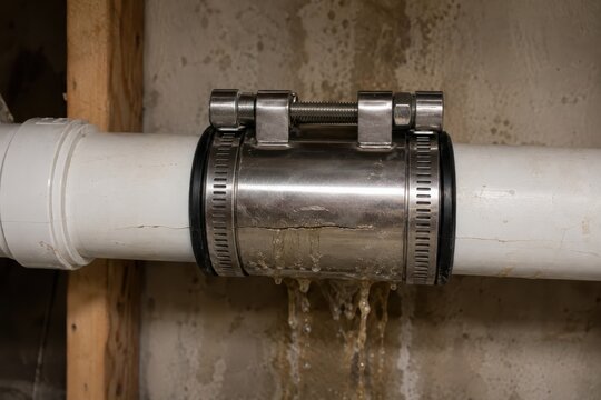 Metal pipe clamp securing a white PVC pipe with visible water leakage in a basement setting, showcasing the connection between plumbing components and the surrounding wall structure