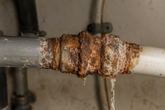 Rusty pipe joint with corrosion and water leakage, showcasing deteriorated metal and plastic materials in a plumbing system, highlighting maintenance issues in an indoor setting