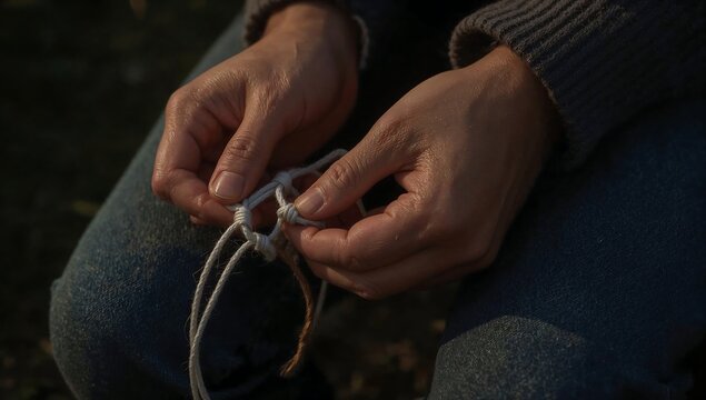 Close up of person hands tying knots on white rope sitting outdoors wearing denim jeans