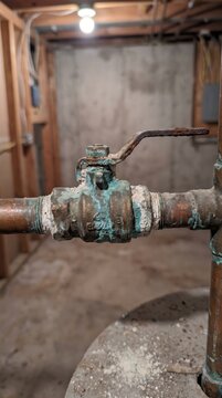 Close-up view of a rusty valve on a copper pipe in a basement, showcasing corrosion and wear, with exposed wooden beams and concrete walls visible in the background