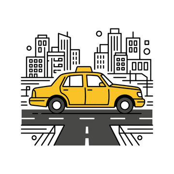 Yellow taxi cab driving on city street with skyscrapers.