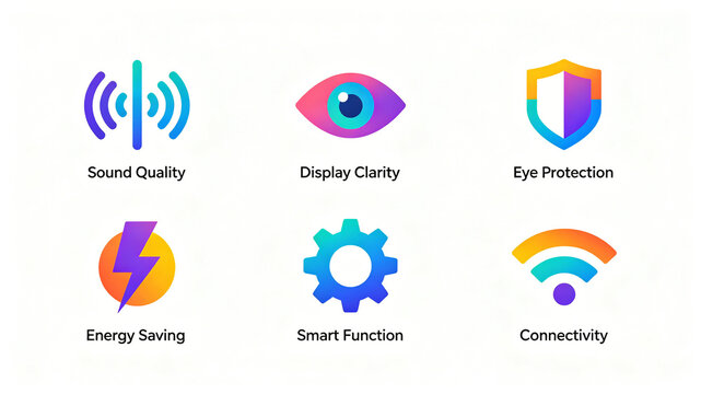 Colorful gradient digital device attribute icon, sound quality, eye protection, energy-saving and intelligent interconnection, suitable for smart home appliance PPT and detail modules.
