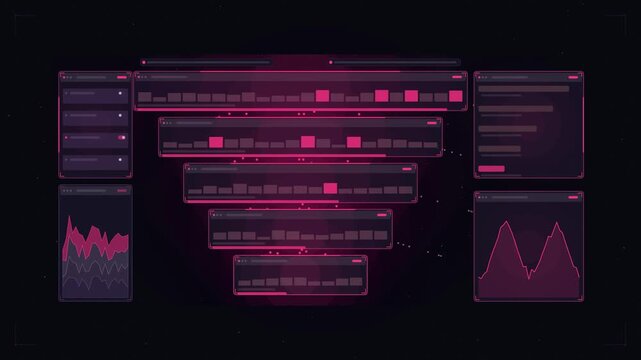 Abstract animated sales funnel stages filtering drawn as violet and blue lines and shapes on a deep dark background. Seamless looping 4K motion graphics video with free space for text, ideal for busin