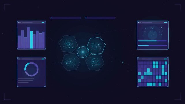 Abstract animated customer analytics segments clustering drawn as blue and cyan lines and shapes on a deep dark background. Seamless looping 4K motion graphics video with free space for text, ideal fo