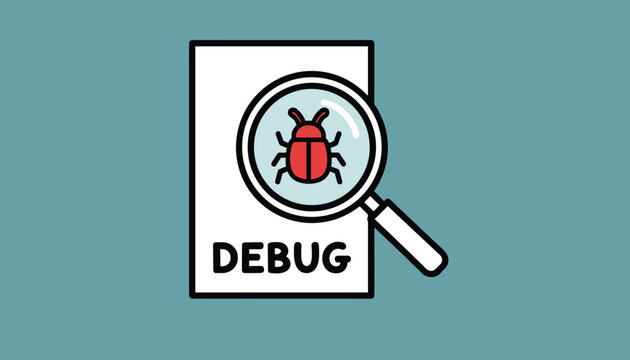 Software bug debugging concept with magnifying glass inspecting a red beetle icon on a paper document.