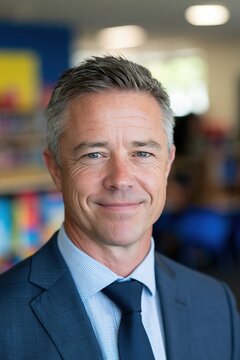 Male school principal smiling confidently in learning commons