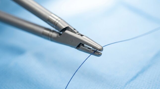 Surgical Instrument Holding Blue Suture Thread in Operating Room