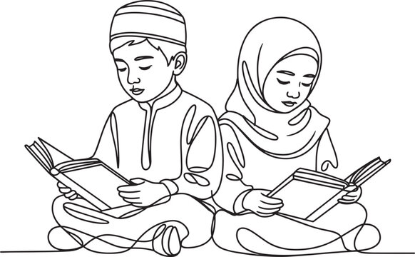 Black and white line art illustration of a young muslim boy and girl reading books together