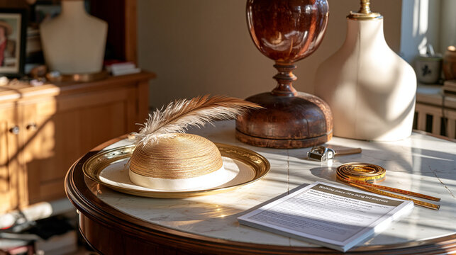 A millinery workshop still life in a modest home setting, an arrangement of hat forms and measuring tape beside a printed report on walking pace as an aging predictor, no person