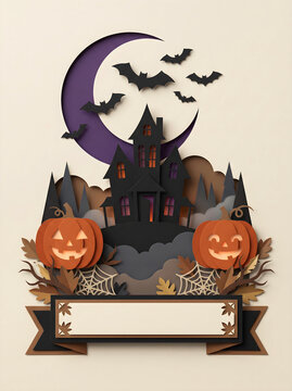 3D paper cut Halloween banner art with carved pumpkins photo, layered papercraft haunted mansion bats and Halloween lettering ribbon, and autumn holiday craft background.