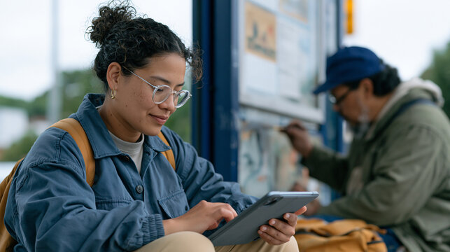 Machine learning engineer at a rain-soaked transit shelter codes neural network layers on a tablet while a street artist beside her applies tole painting folk motifs to a damp