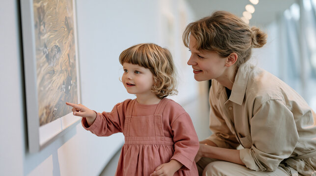 A curious young child in a sterile white exhibition space presses her nose against a printout of a Turkish ebru marbling pattern used to illustrate wildlife photography