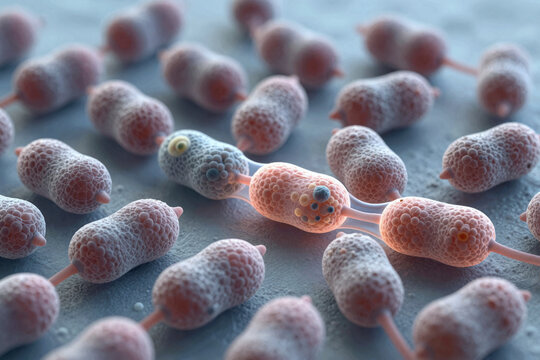 Close-up view of bacteria with unique shapes and textures on a surface Bacteria cells multiply and interact under microscope view
