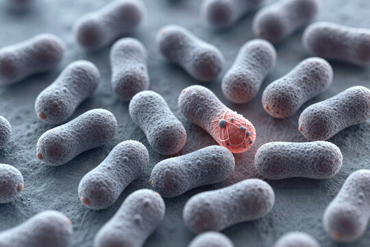 Close-up view of bacteria under a microscope showing diverse shapes and sizes Bacteria colony with one cell glowing under microscope view