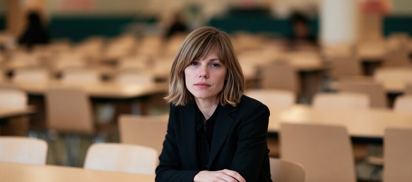 School principal seated in modern commons area with empty tables