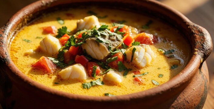 Moqueca capixaba stew in clay pot with fish chunks tomatoes herbs. Traditional Brazilian seafood dish served hot with creamy yellow broth. Delicious meal ready for eating.