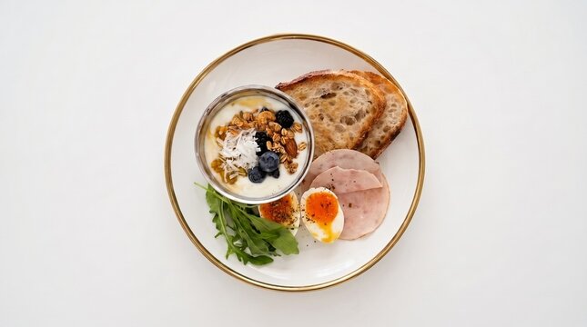 Healthy breakfast platter with yogurt, sliced ham, boiled egg, and bread