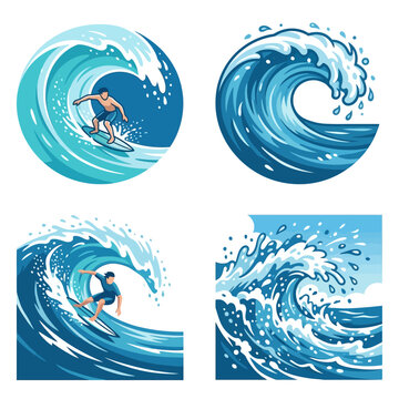 Surfers Riding Majestic Ocean Waves Illustration Set.