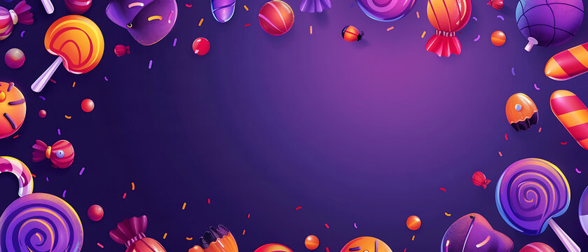 Vibrant Flat Vector Halloween Sweets and Candies Border on Purple Background with Vast Central Copy Space