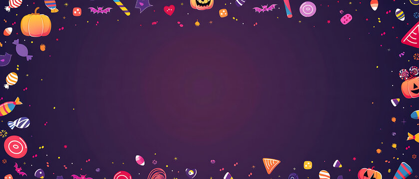 Wide Flat Vector Halloween Candy Border on Dark Purple Background with Vast Central Copy Space for E-commerce Header