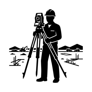 Surveyor operating a total station instrument on a construction site.