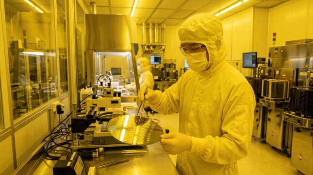 Cleanroom technician inspecting a silicon wafer in semiconductor manufacturing