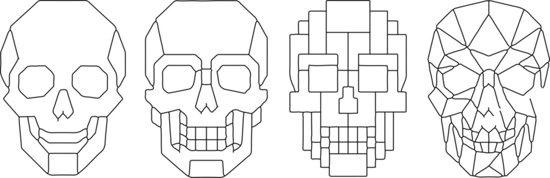 Four distinct geometric skull illustrations in a minimalist line art style.