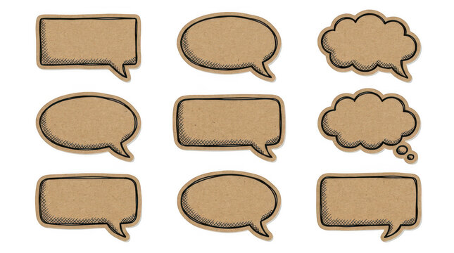 A set of craft paper speech bubbles isolated on transparent background