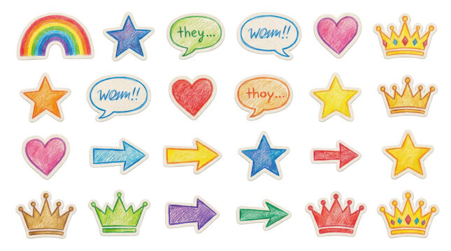 Colorful crayon sticker icons isolated on transparent background