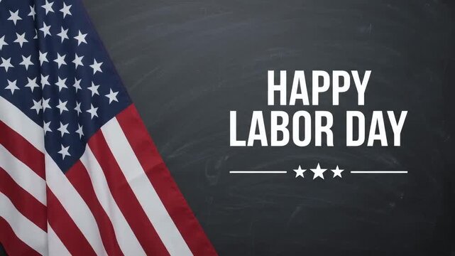 An American flag is positioned diagonally on the left side of the frame against a dark, textured chalkboard background