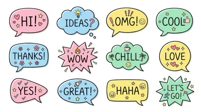 Cute handdrawn comic speech bubbles with words like hi, wow, love, cool, and great isolated on transparent background