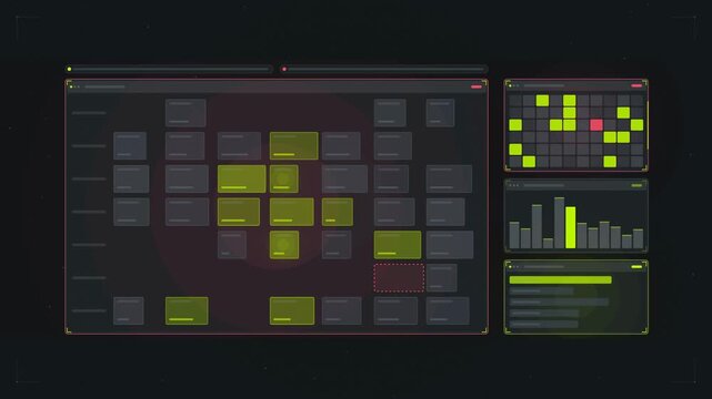 Abstract animated workforce management shifts swapping drawn as green and teal lines and shapes on a deep dark background. Seamless looping 4K motion graphics video with free space for text, ideal for