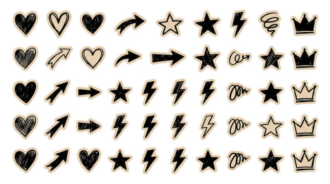 Set of handdrawn doodle icons including hearts, stars, arrows, crowns, and lightning bolts isolated on transparent background
