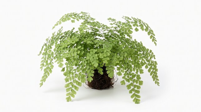 Maidenhair fern plant with exposed soil isolated on white background