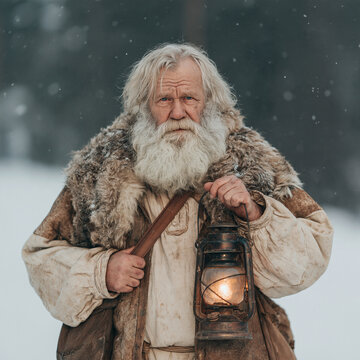 Elderly bearded man in historical winter clothes holding an old lantern in the snow